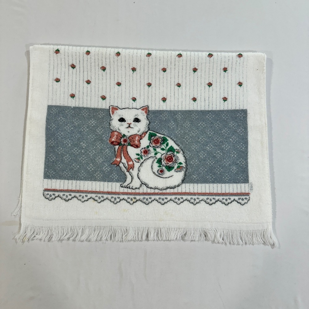 Vintage White Cat Floral Rose Hand Towel Fringed Cotton Terry Cloth Blue White